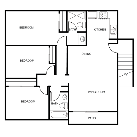 Floor plan for 3 beds, 2 baths, 1140 sqft